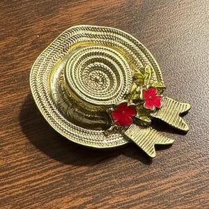 Gold Tone Hat Brooch With Red Enamel Flowers